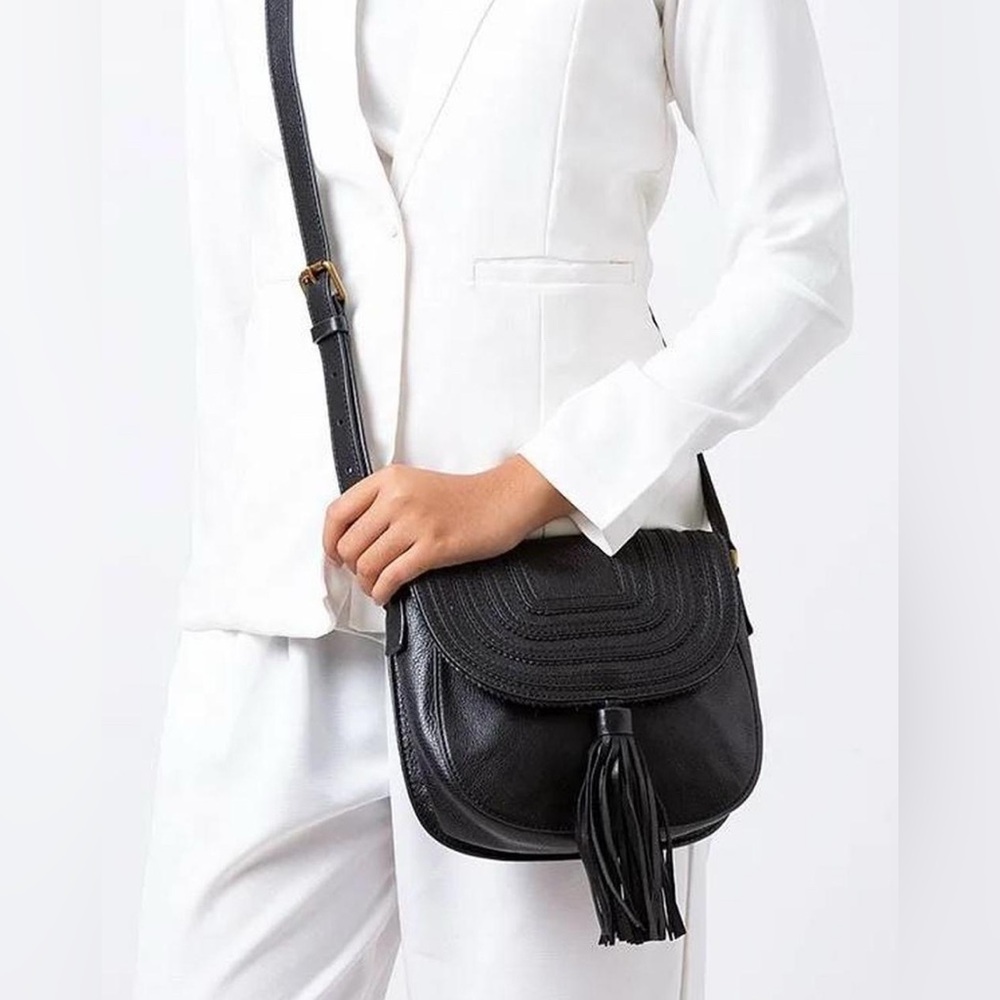 Fossil Emi Tassel Black Leather Crossbody Saddle Bag - Picture 1 of 14